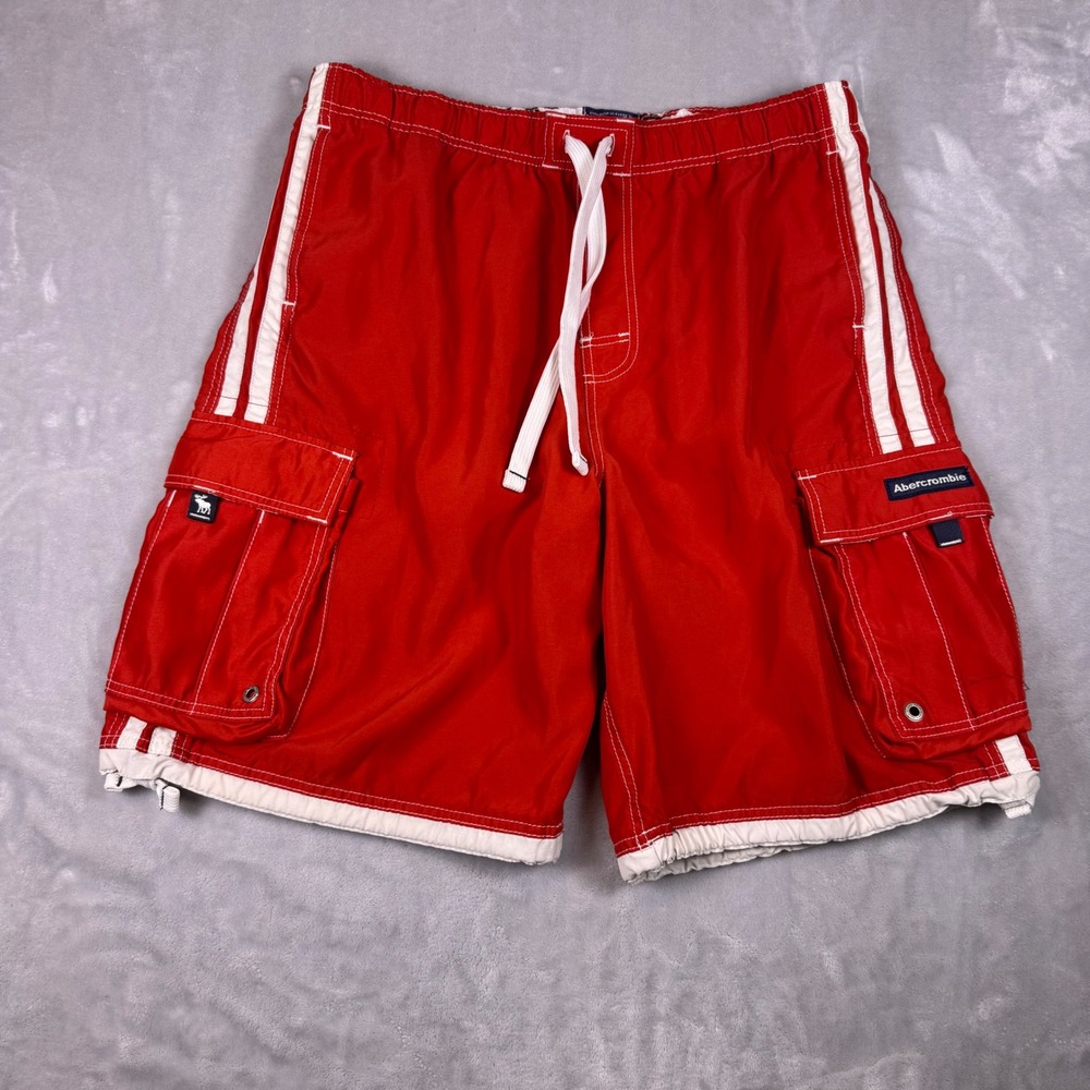 Abercrombie & Fitch Tugger Mens Red White Stripe Cargo Board Shorts Size XL Y2K